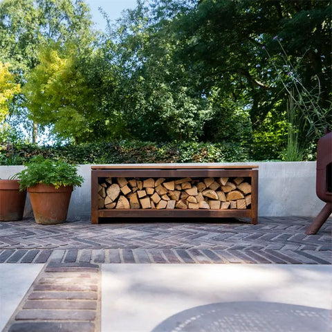 Log Storage Bench in Coated Steel or Corten Steel, Contemporary Garden Furniture, Outdoor Log Store