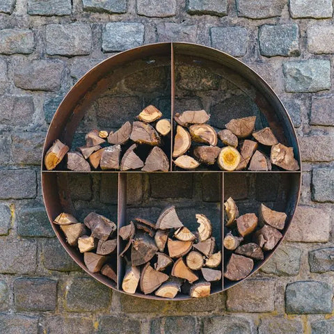 Wall Mounted, or Free Standing Round Log Storage in Corten Steel Round, Contemporary Garden Storage, Outdoor Log Store